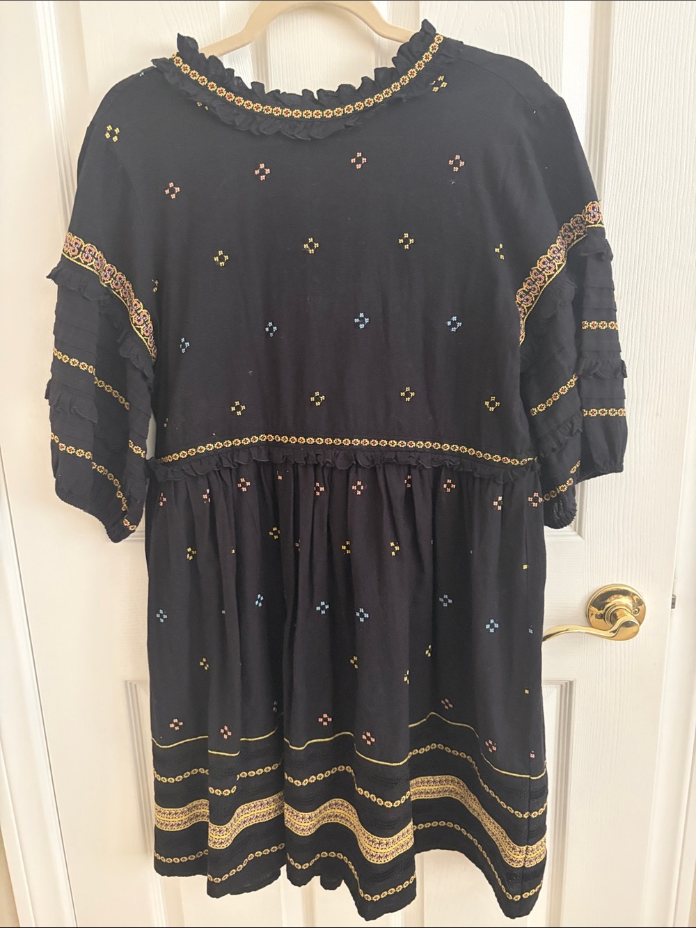 The Great Black Embroidered Short Sleeve Smock Dress - Black